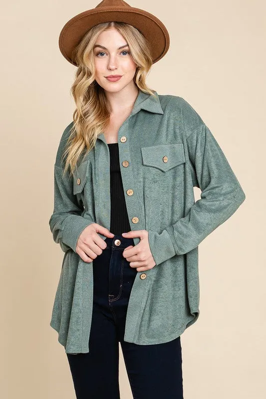 17 OT {Promise Of Fall} Olive Button Up Shacket w/ Pockets PLUS SIZE XL 2X 3X