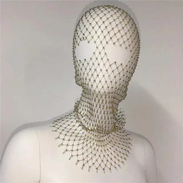 Balaclava Elastic Rhinestone Turban - Fishnet Headcover