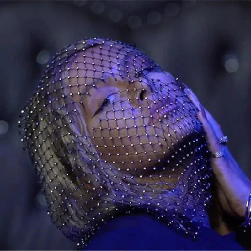 Balaclava Elastic Rhinestone Turban - Fishnet Headcover