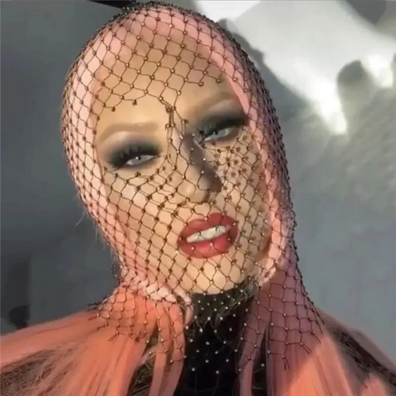 Balaclava Elastic Rhinestone Turban - Fishnet Headcover