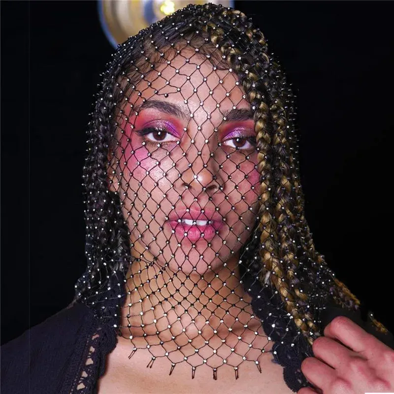 Balaclava Elastic Rhinestone Turban - Fishnet Headcover