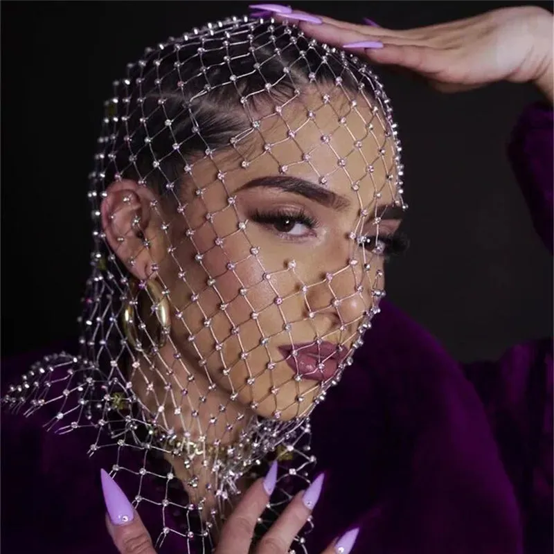 Balaclava Elastic Rhinestone Turban - Fishnet Headcover