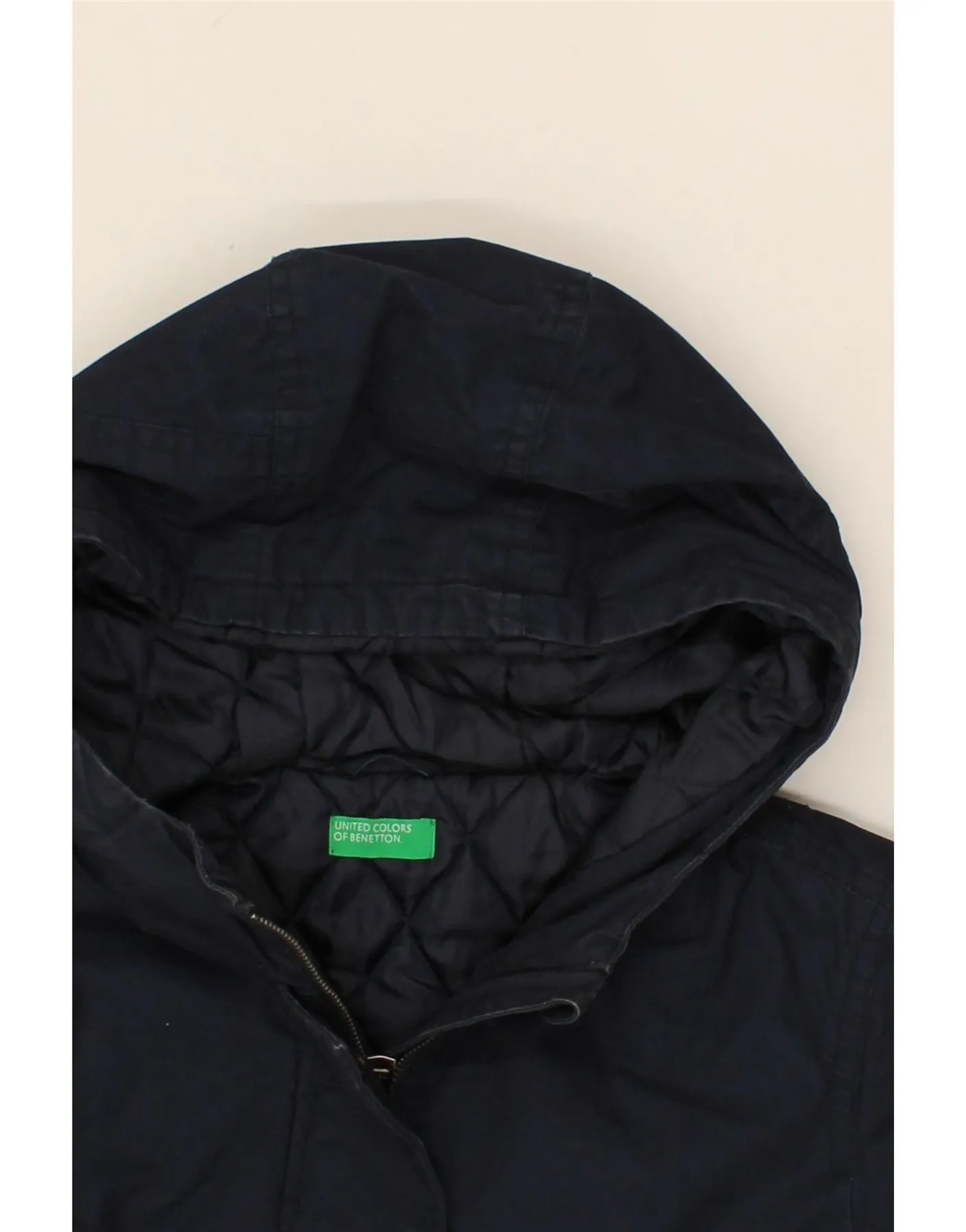 BENETTON Womens Hooded Parka Jacket UK 12 Medium Navy Blue Cotton