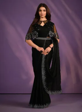 Black Crepe Satin Silk Embroidered Saree With Stitched Blouse - Mohmanthan Exotica