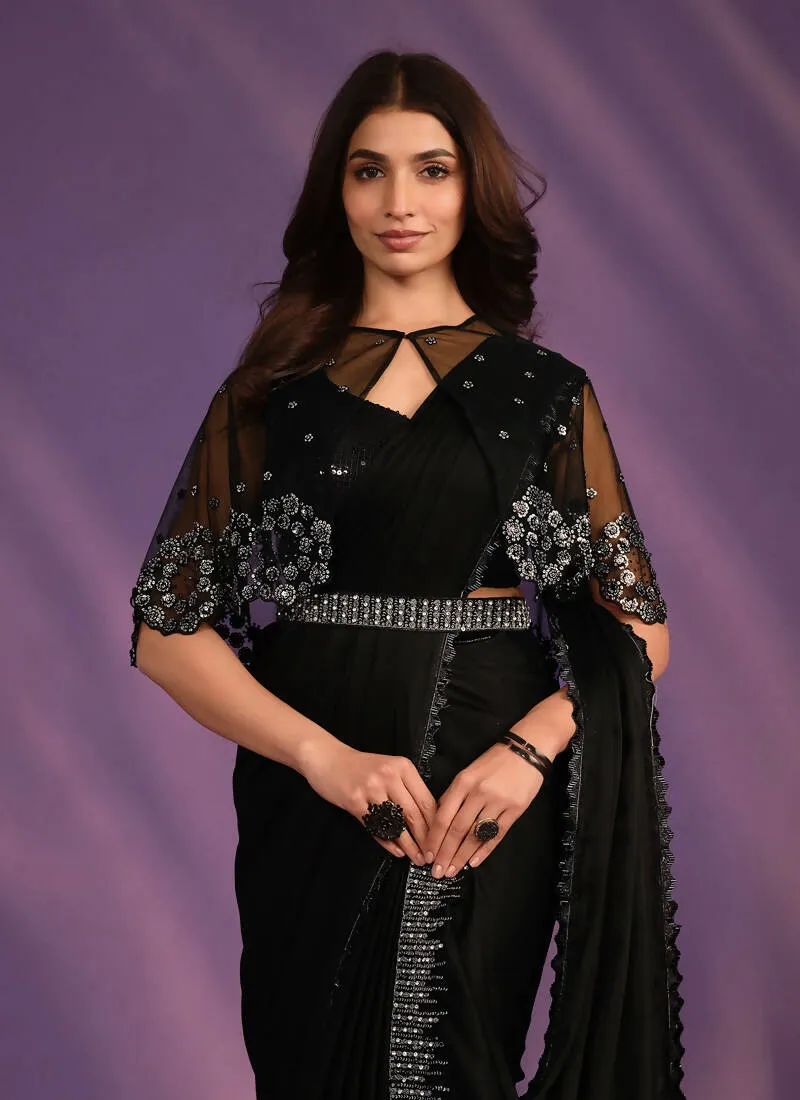 Black Crepe Satin Silk Embroidered Saree With Stitched Blouse - Mohmanthan Exotica