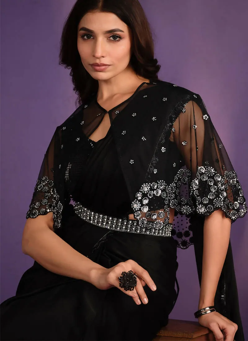 Black Crepe Satin Silk Embroidered Saree With Stitched Blouse - Mohmanthan Exotica