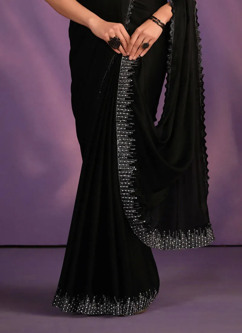 Black Crepe Satin Silk Embroidered Saree With Stitched Blouse - Mohmanthan Exotica