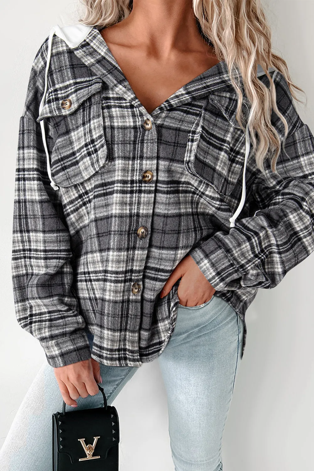 Blue Zone Planet |  Black Plaid Print Flap Pockets Contrast Hooded Loose Shacket