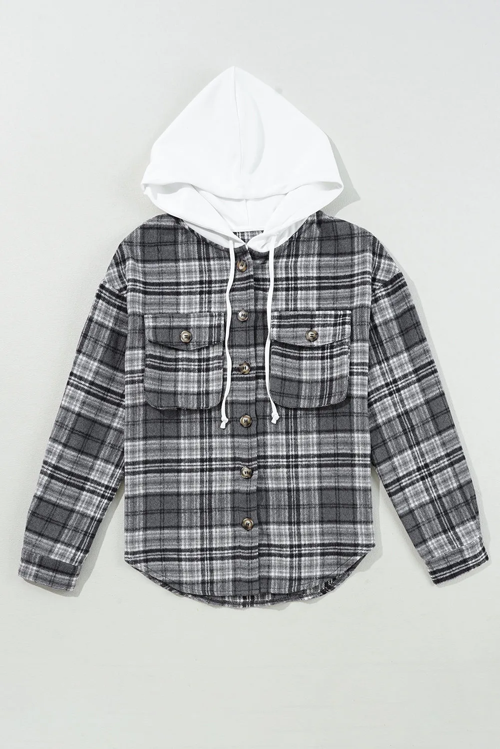 Blue Zone Planet |  Black Plaid Print Flap Pockets Contrast Hooded Loose Shacket