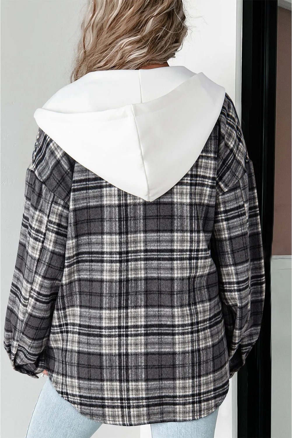 Blue Zone Planet |  Black Plaid Print Flap Pockets Contrast Hooded Loose Shacket