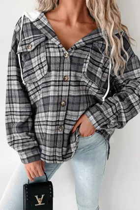 Blue Zone Planet |  Black Plaid Print Flap Pockets Contrast Hooded Loose Shacket