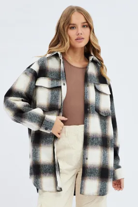 Brown Check Longline Check Shacket Shirt Collar