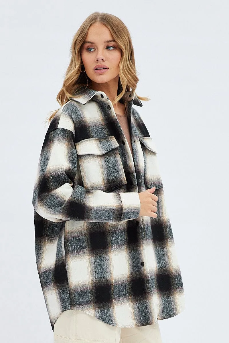 Brown Check Longline Check Shacket Shirt Collar