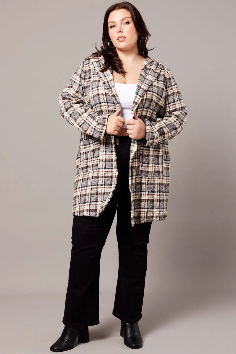 Brown Check Plaid Shacket Jacket With Hood