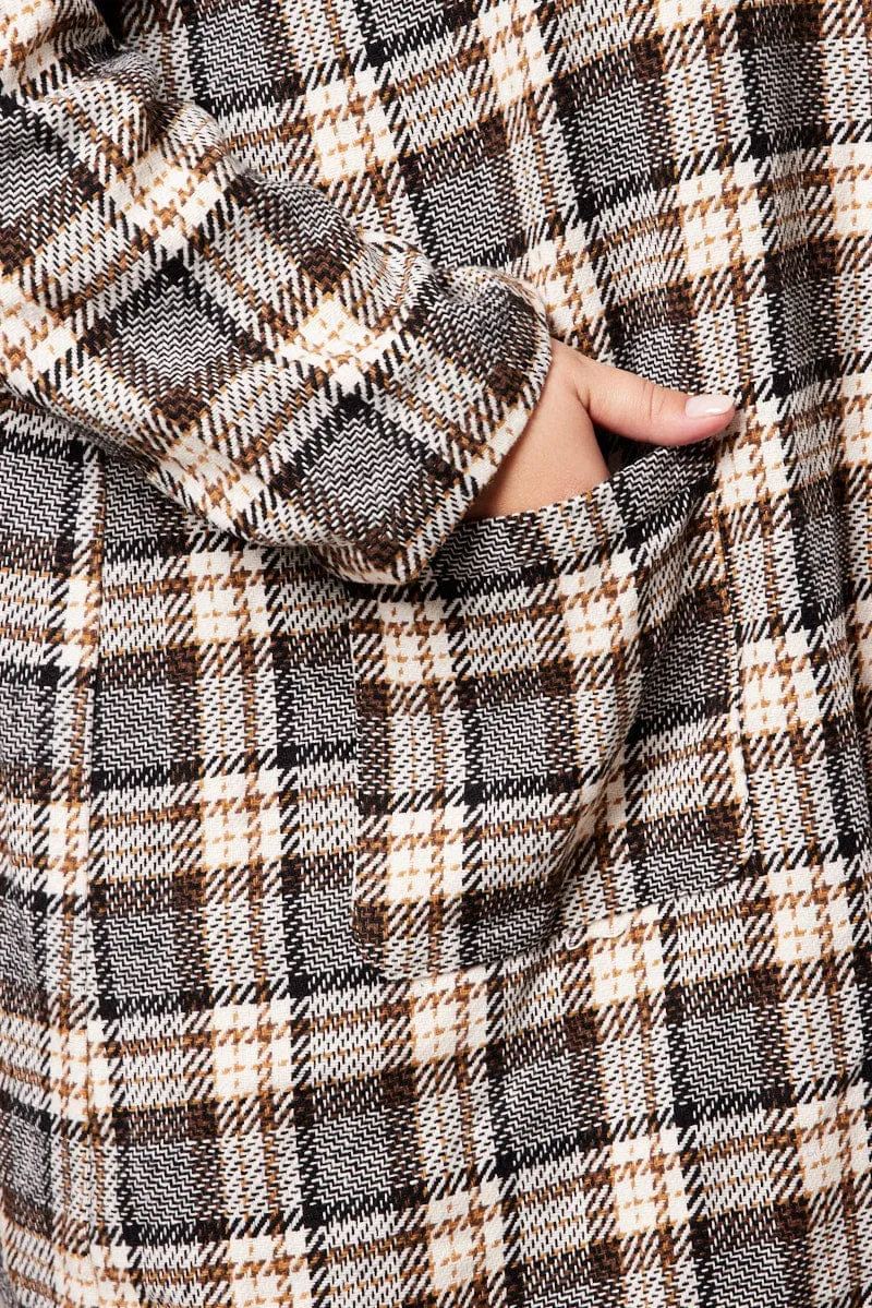 Brown Check Plaid Shacket Jacket With Hood