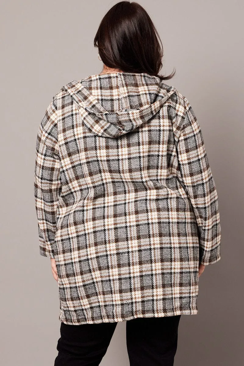 Brown Check Plaid Shacket Jacket With Hood