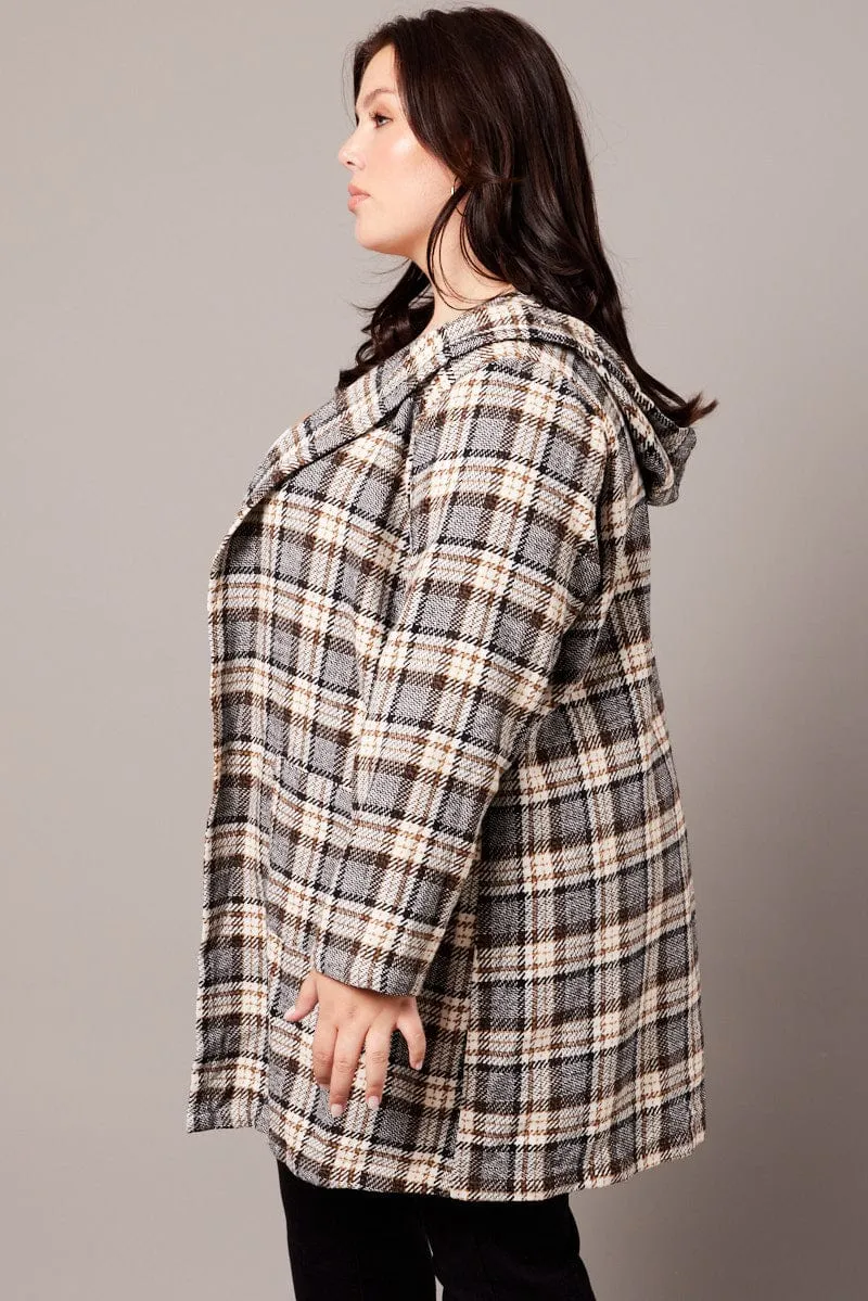 Brown Check Plaid Shacket Jacket With Hood