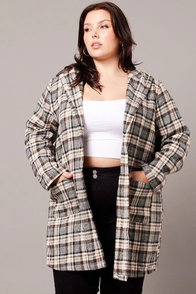 Brown Check Plaid Shacket Jacket With Hood