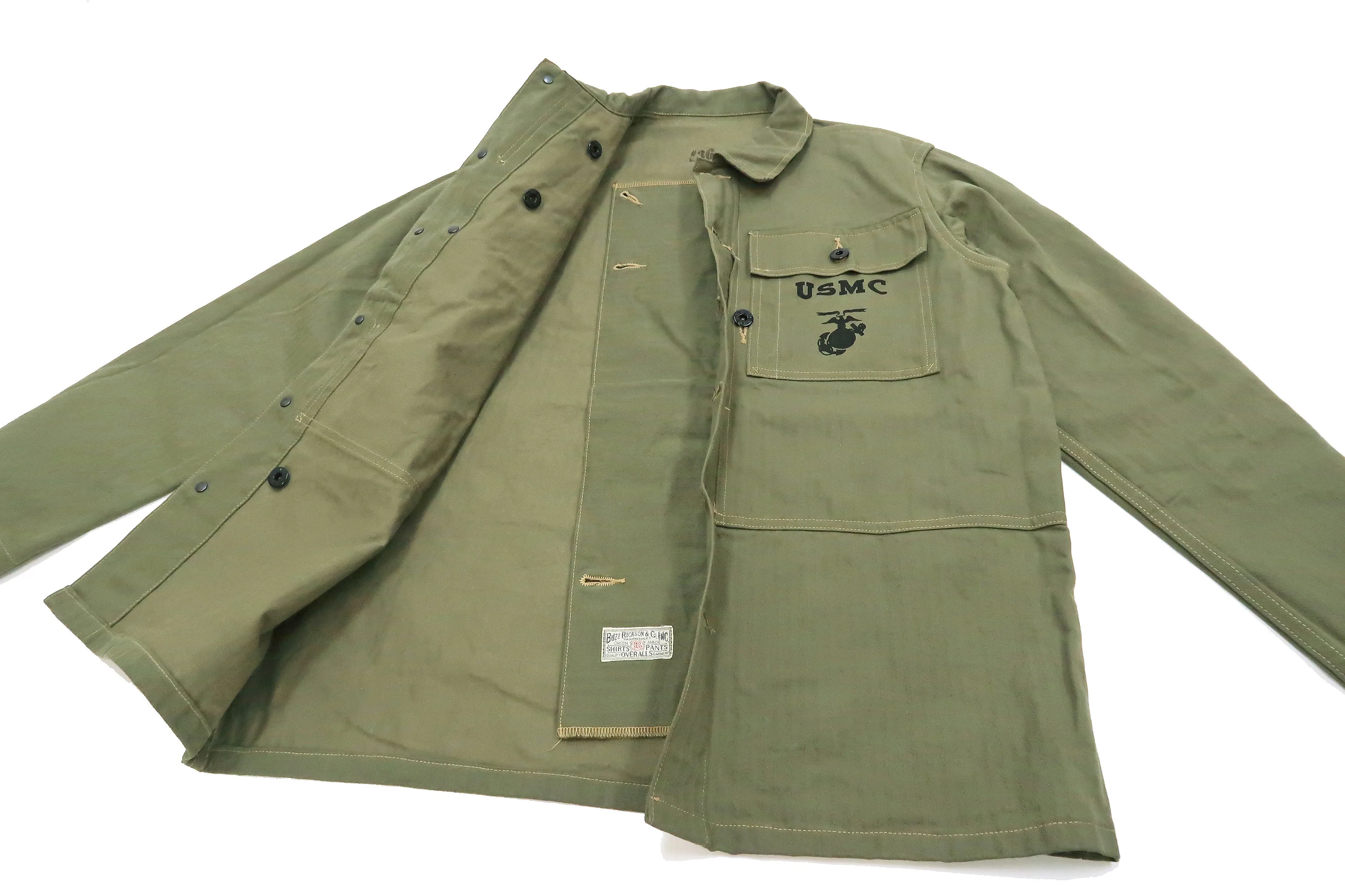 Buzz Rickson Jacket Men's Reproduction of WW2 USMC P44 HBT Utility Jacket P-44 BR15123 Olive
