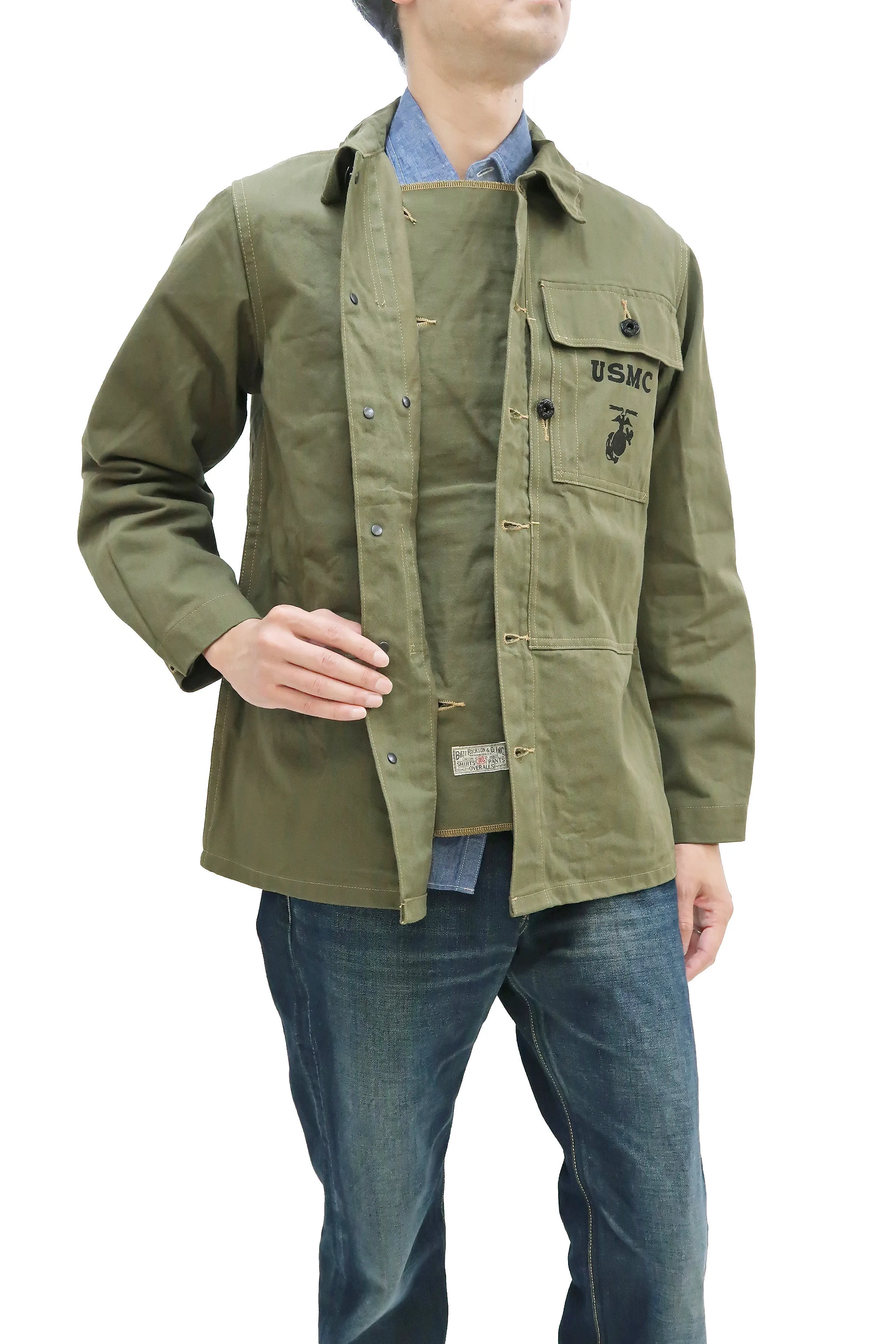 Buzz Rickson Jacket Men's Reproduction of WW2 USMC P44 HBT Utility Jacket P-44 BR15123 Olive