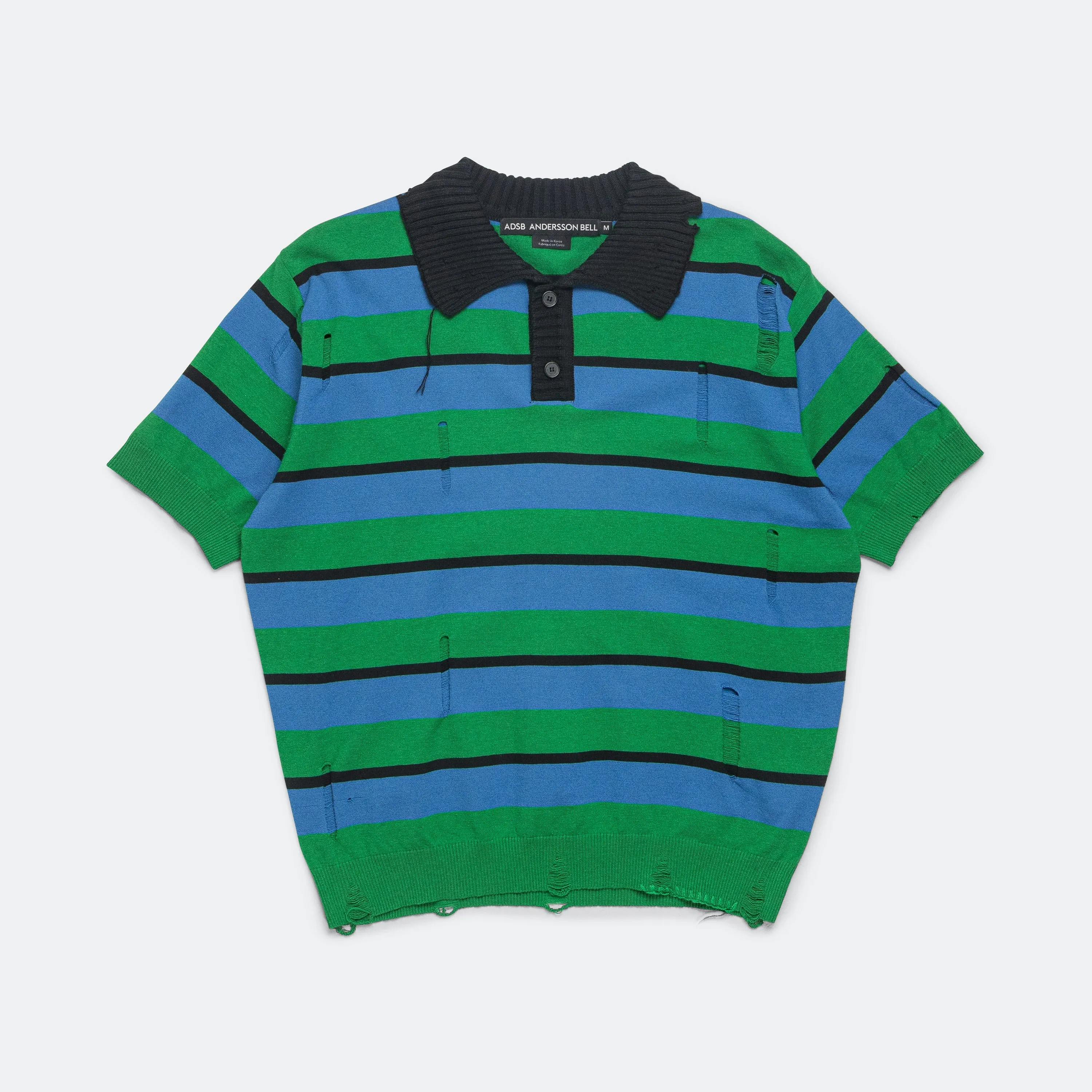 Damaged Stripe Polo Sweater - Blue/Green
