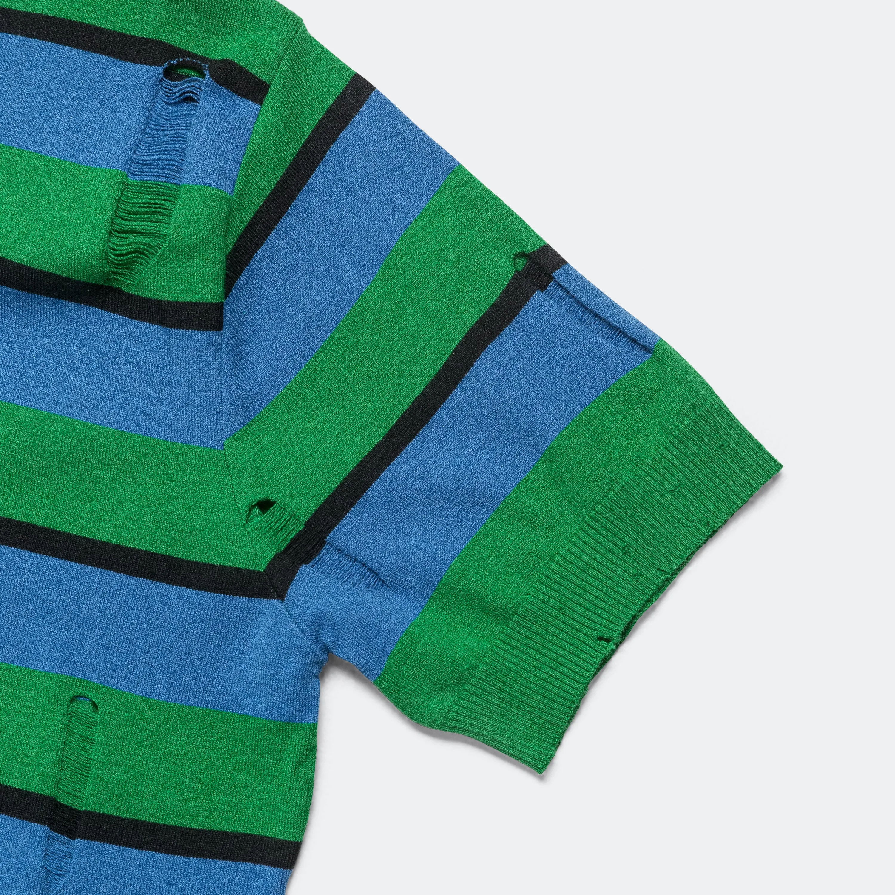 Damaged Stripe Polo Sweater - Blue/Green