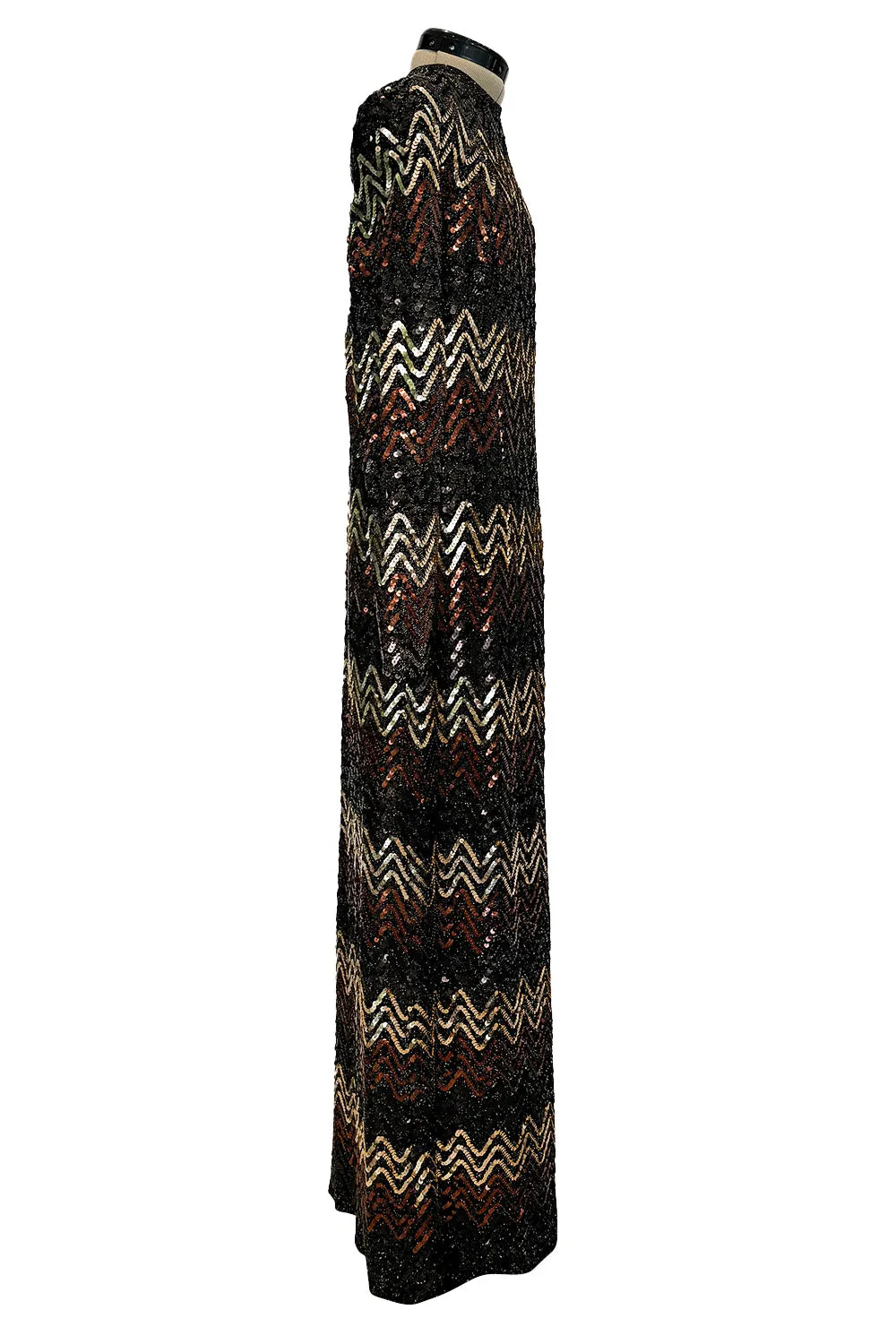 Extraordinary 1970s Donald Brooks Metallic Copper, Gold & Black Sequin & Lame Knit Dress