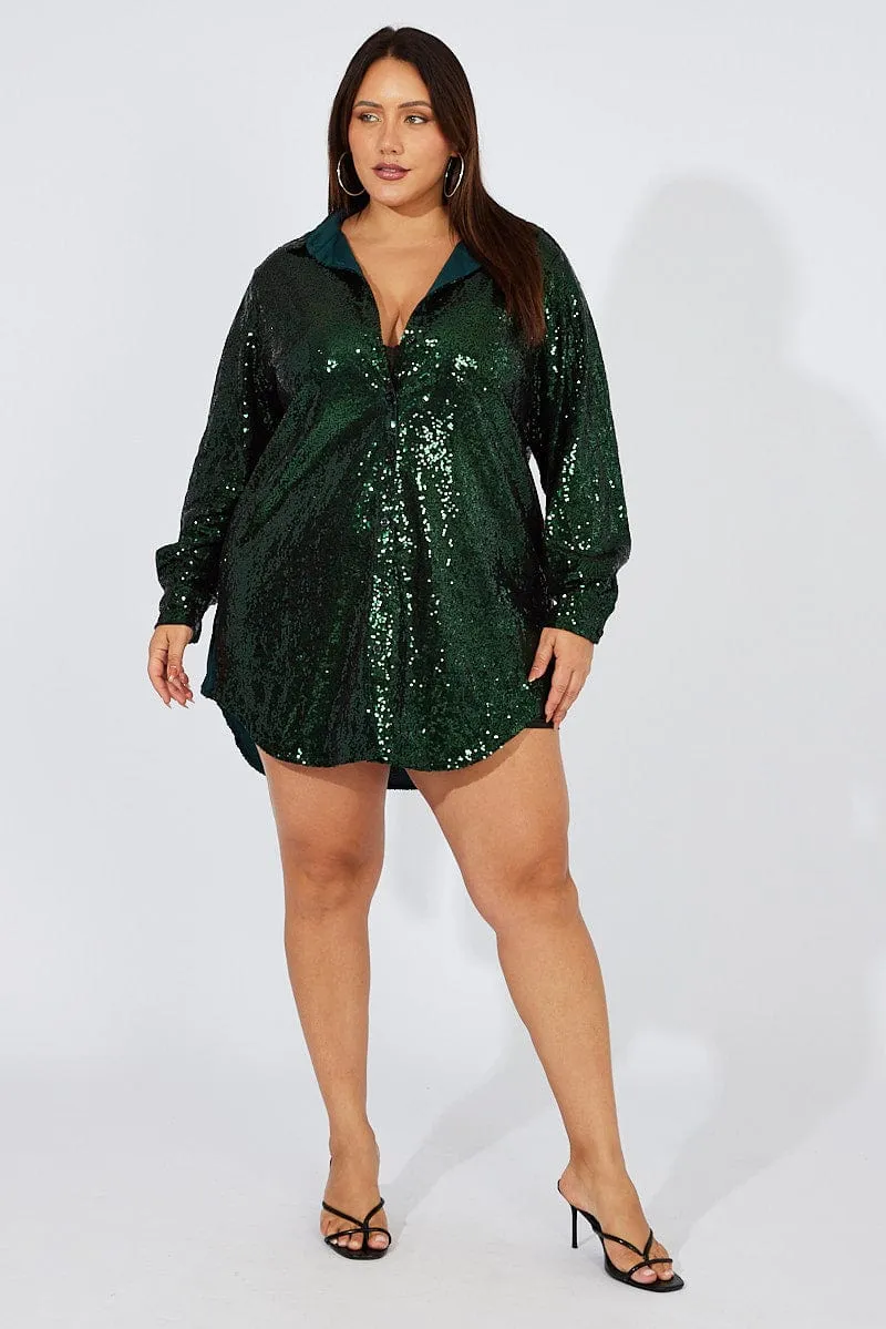 Green Sequin Long Overshirt Jacket