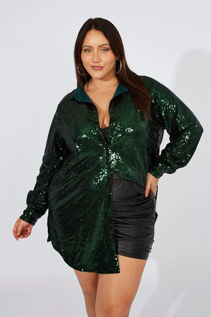 Green Sequin Long Overshirt Jacket