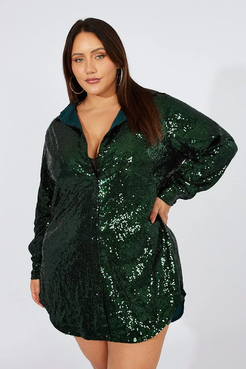 Green Sequin Long Overshirt Jacket