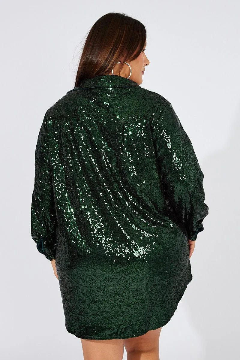 Green Sequin Long Overshirt Jacket