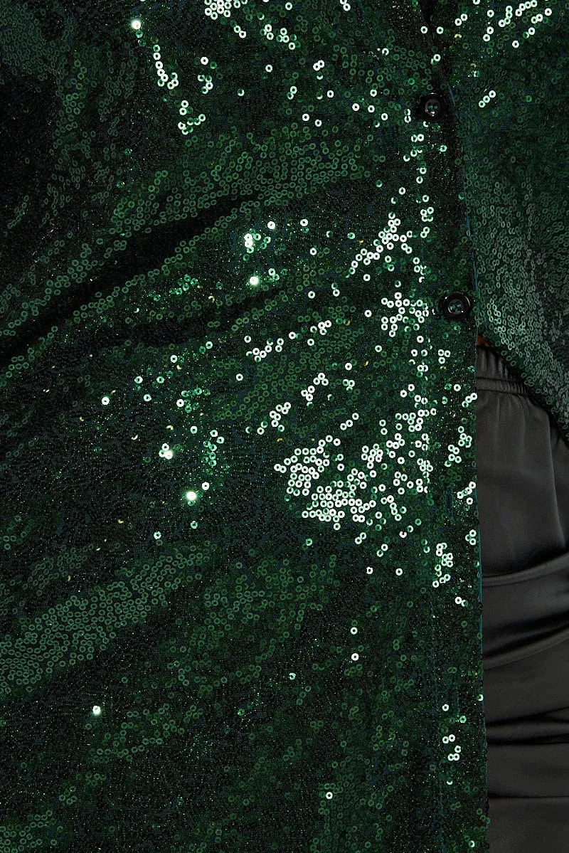 Green Sequin Long Overshirt Jacket