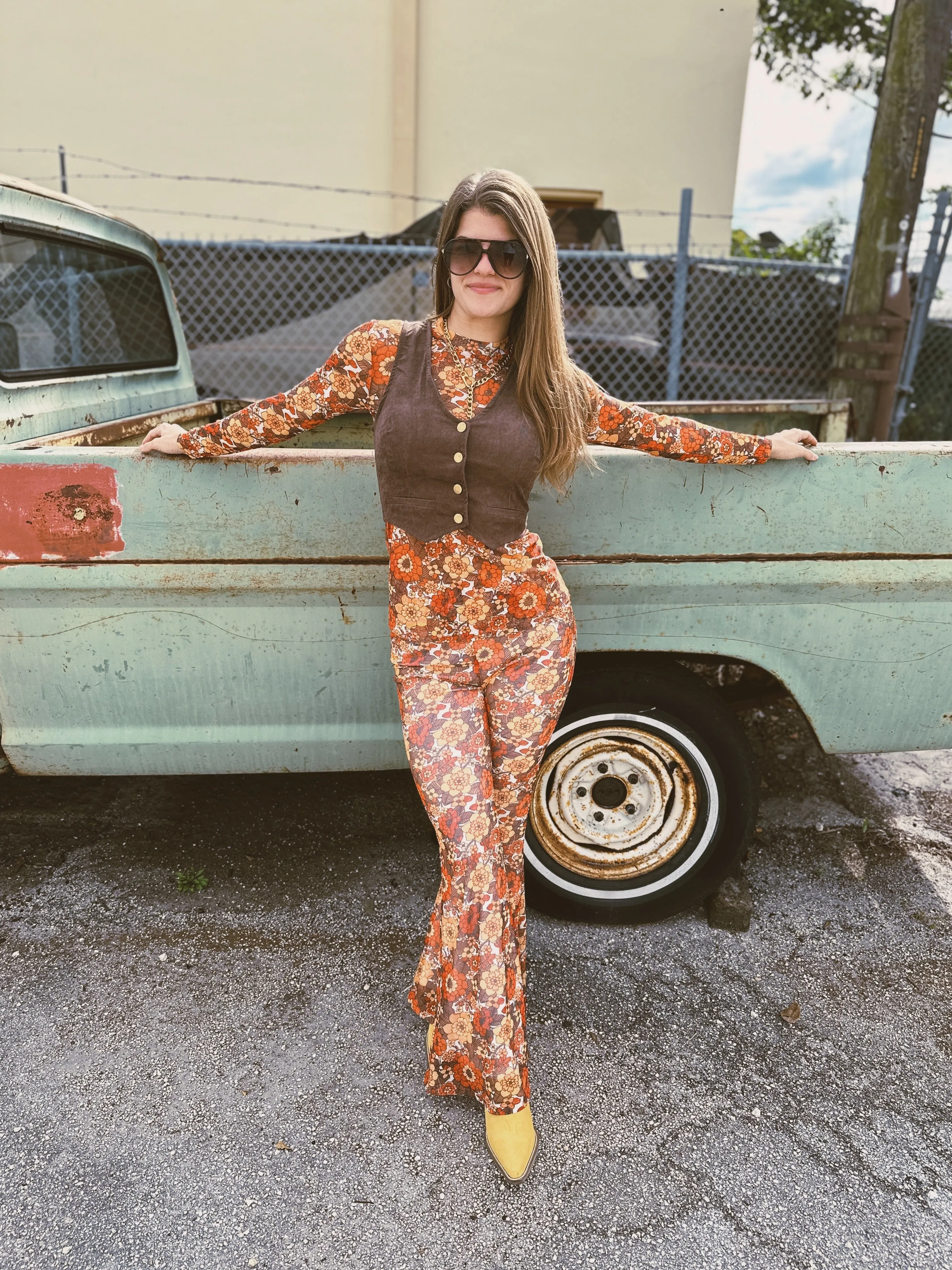 Groovy Floral Long Sleeve Mesh Top & Bell Bottom Set