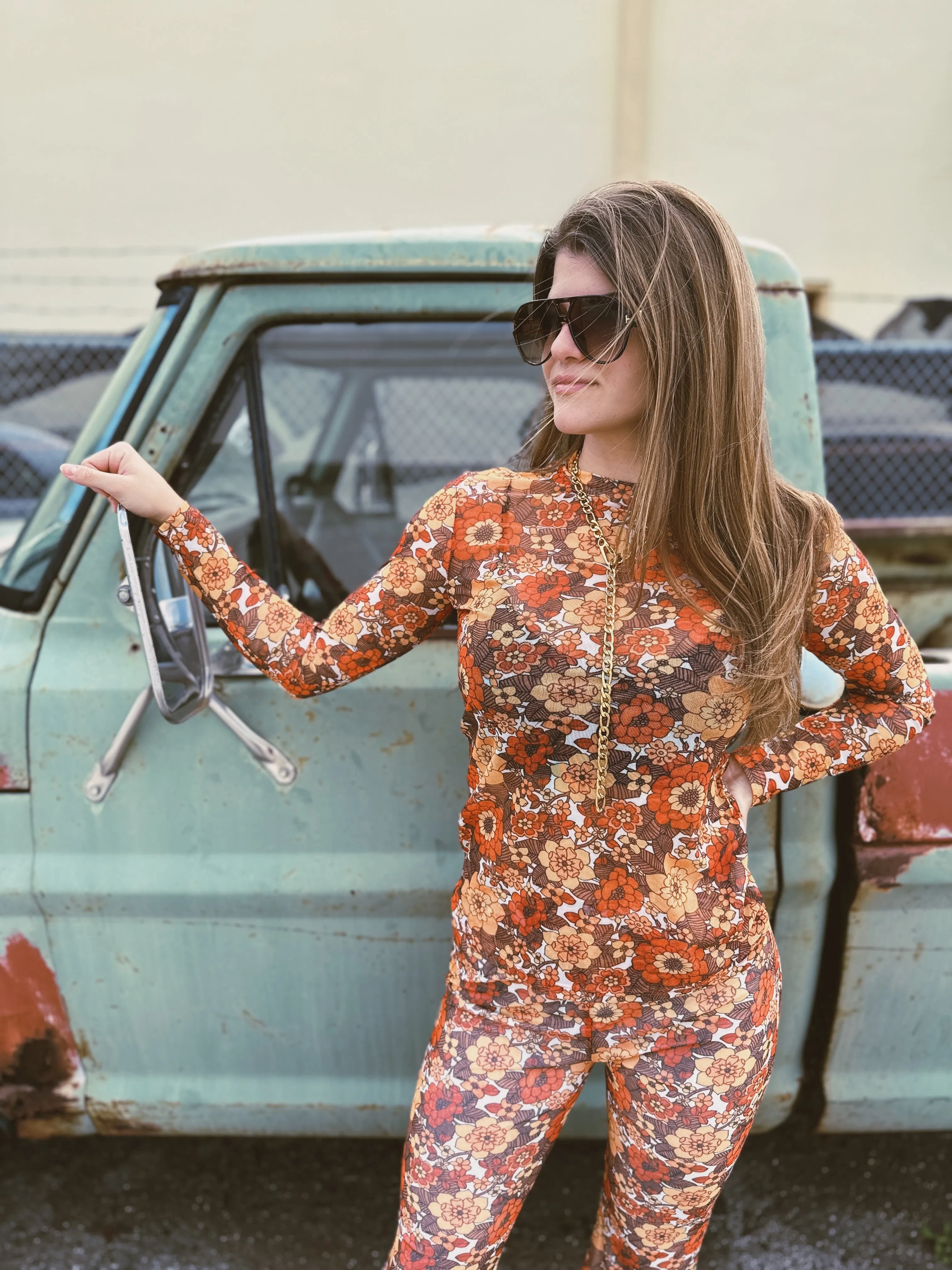 Groovy Floral Long Sleeve Mesh Top & Bell Bottom Set