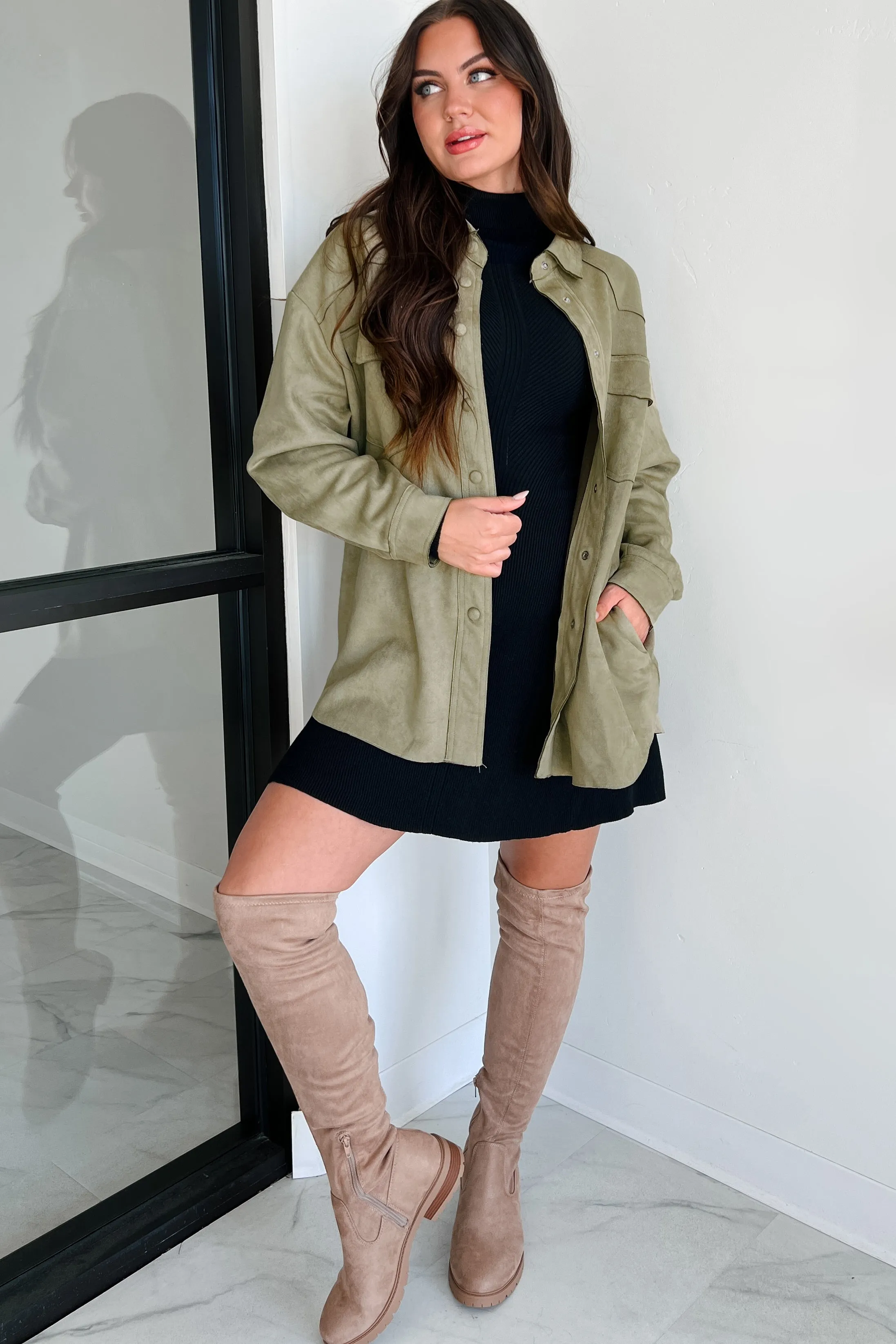 Heading To Town Oversized Faux Suede Shacket (Olive)