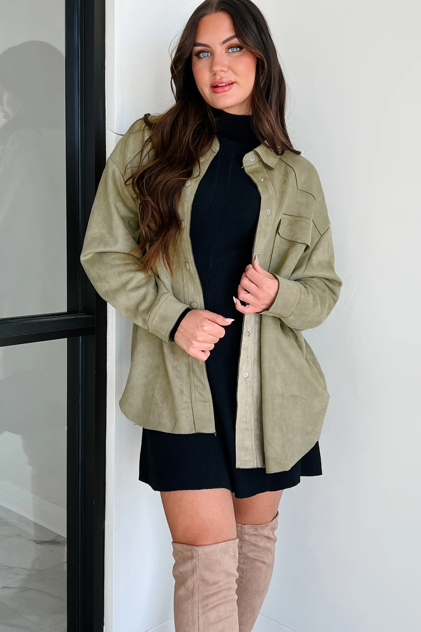 Heading To Town Oversized Faux Suede Shacket (Olive)
