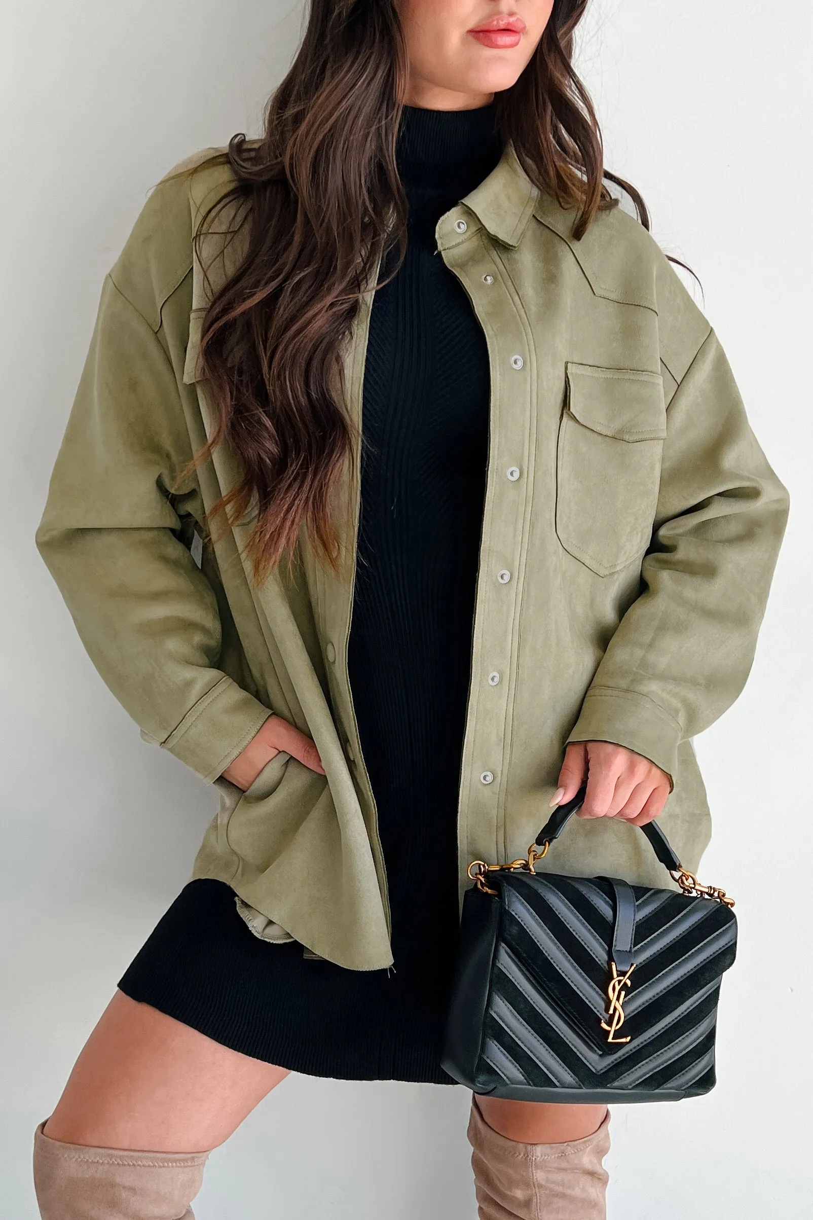 Heading To Town Oversized Faux Suede Shacket (Olive)
