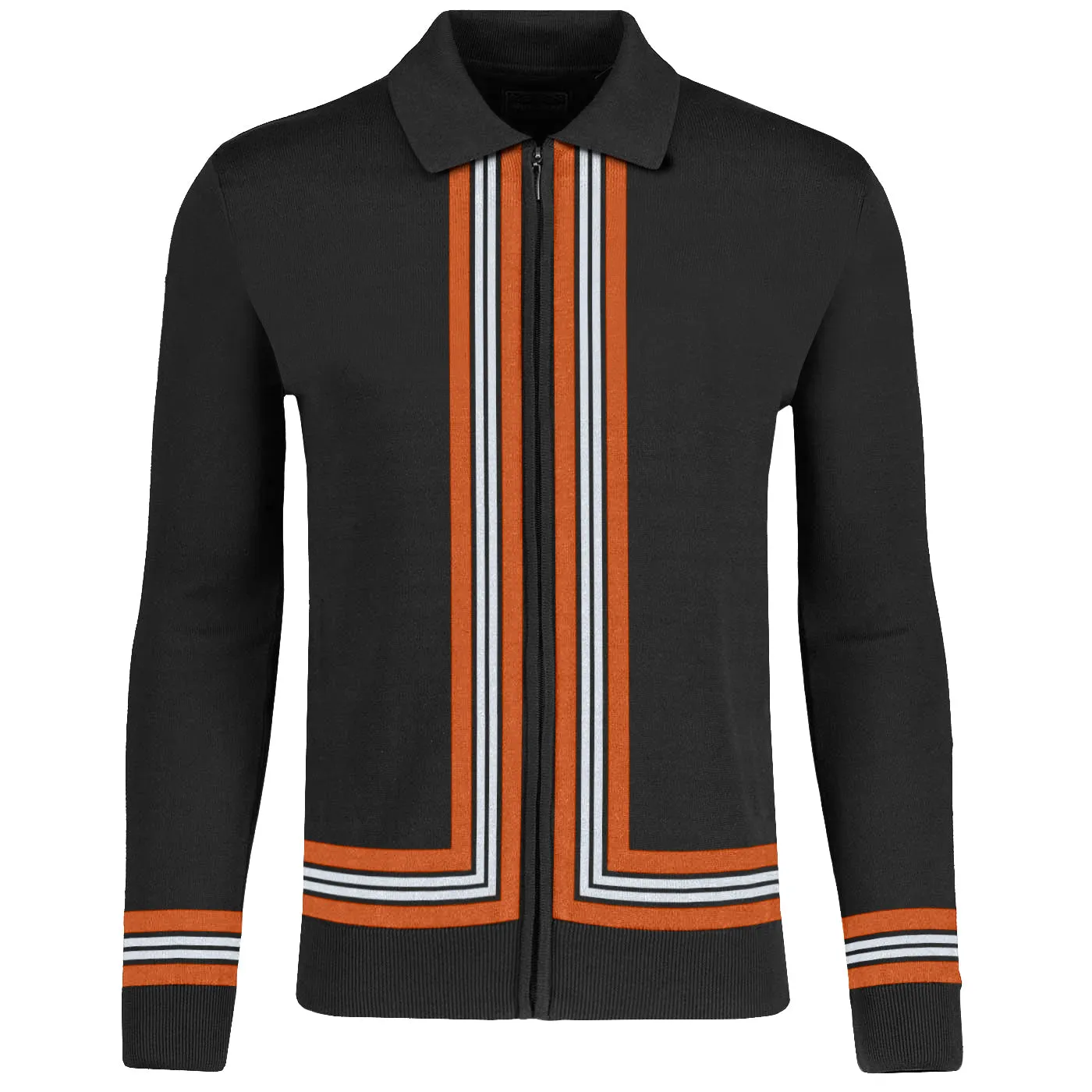 Men's black striped zip-up cardigan sweater