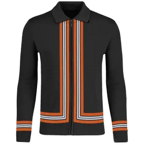 Men's black striped zip-up cardigan sweater