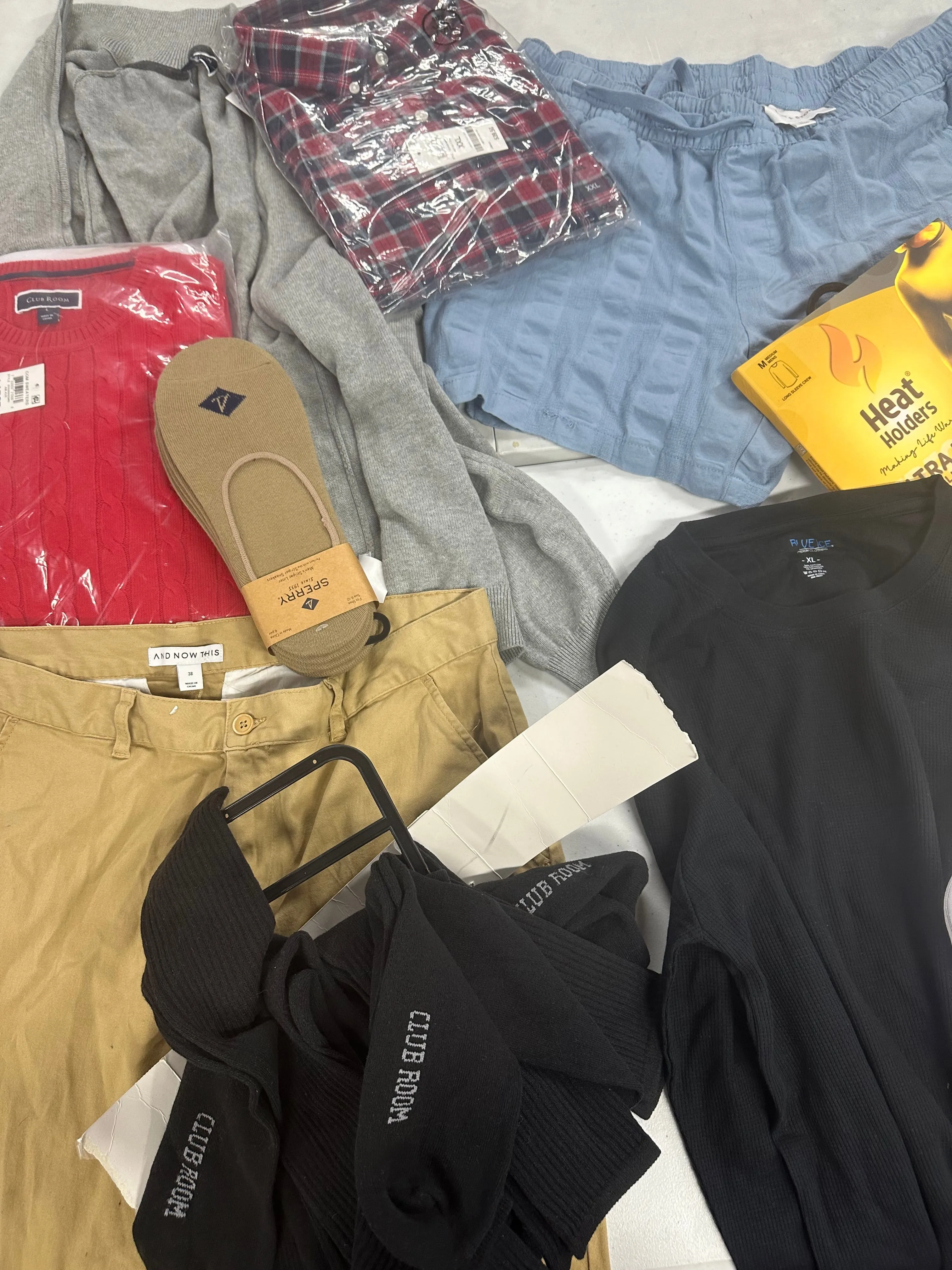 Men's Clothing Assorted Wholesale Lot, SPERRY, POLO RALPH LAUREN, AND NOW THIS, SUN   STONE, HEAT HOLDERS and more, 10 items, Shelf Pulls, MSRP $404