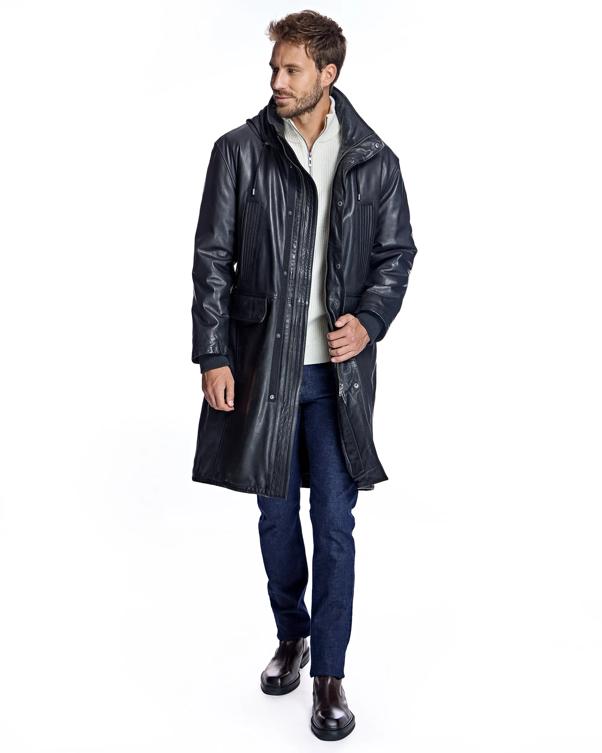 Men's Hooded Leather Coat