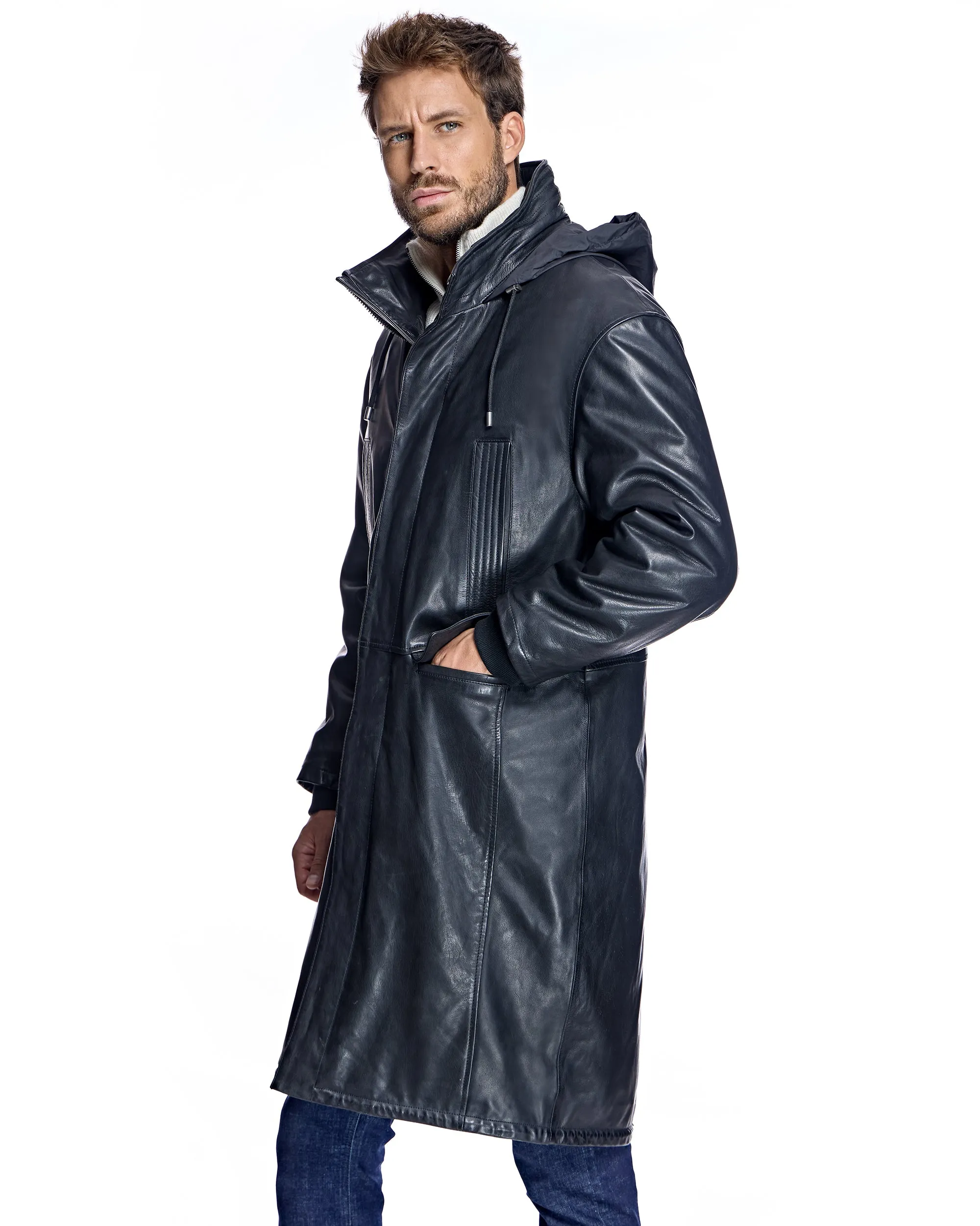 Men's Hooded Leather Coat