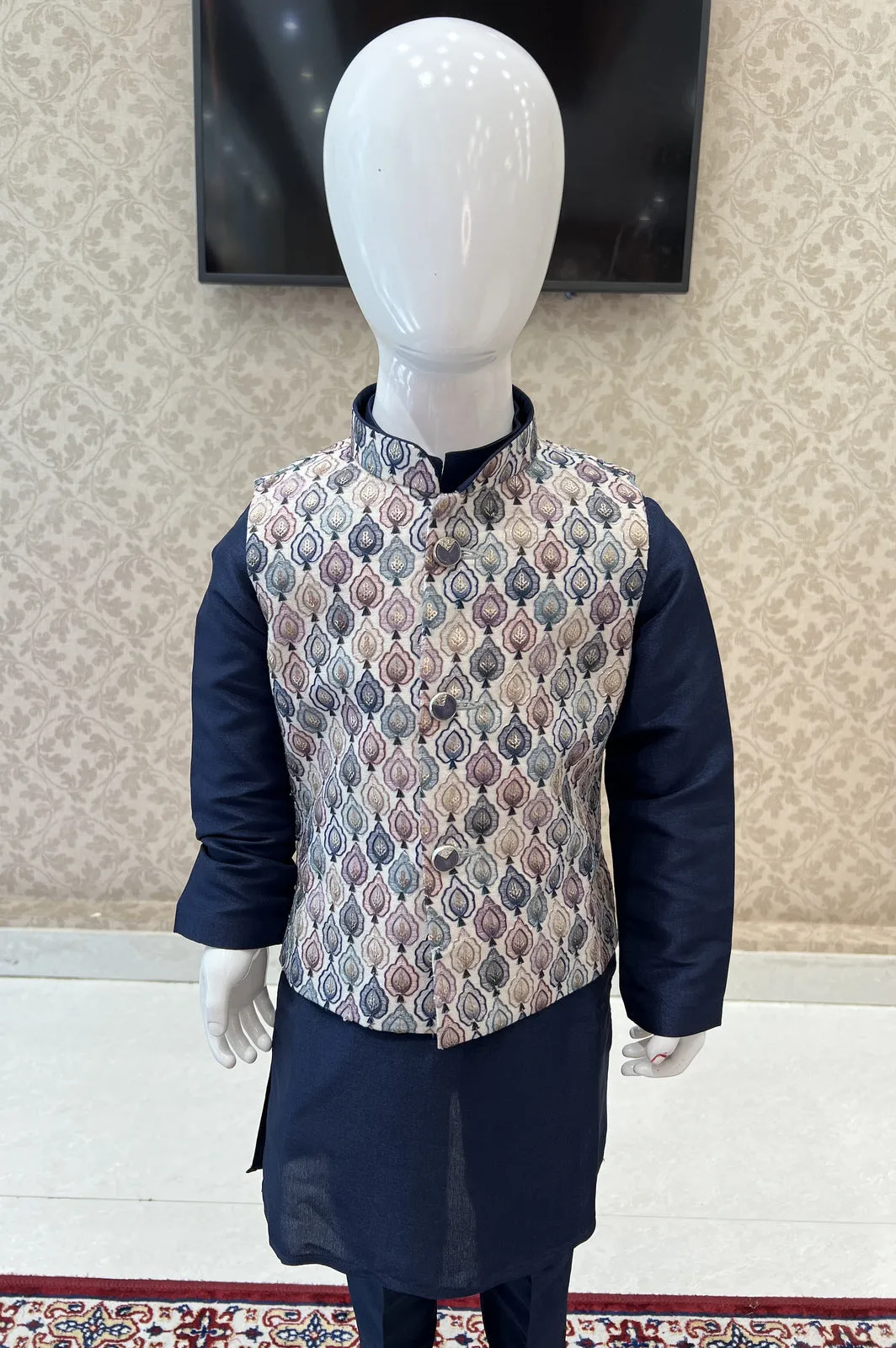 Navy Blue Sequins work with Printed Waist Coat Kurta Set for Boys