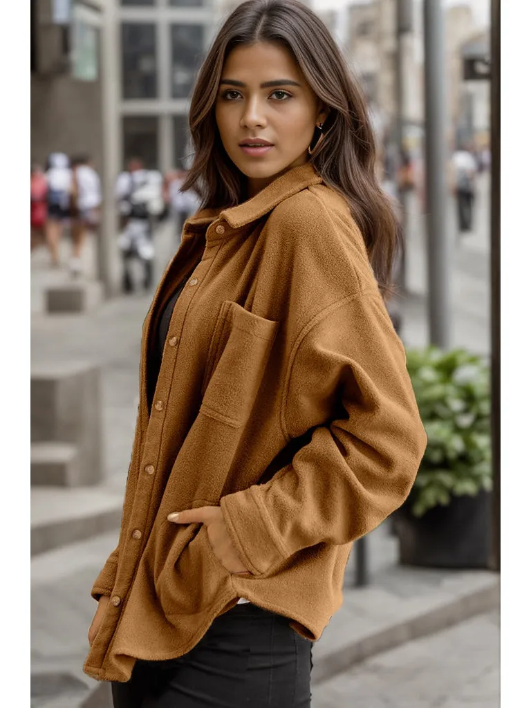 NicholesGifts Women Button Up Collared Neck Long Sleeve Shacket