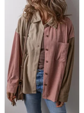 NicholesGifts Women Button Up Color Block  Long Sleeve Shacket