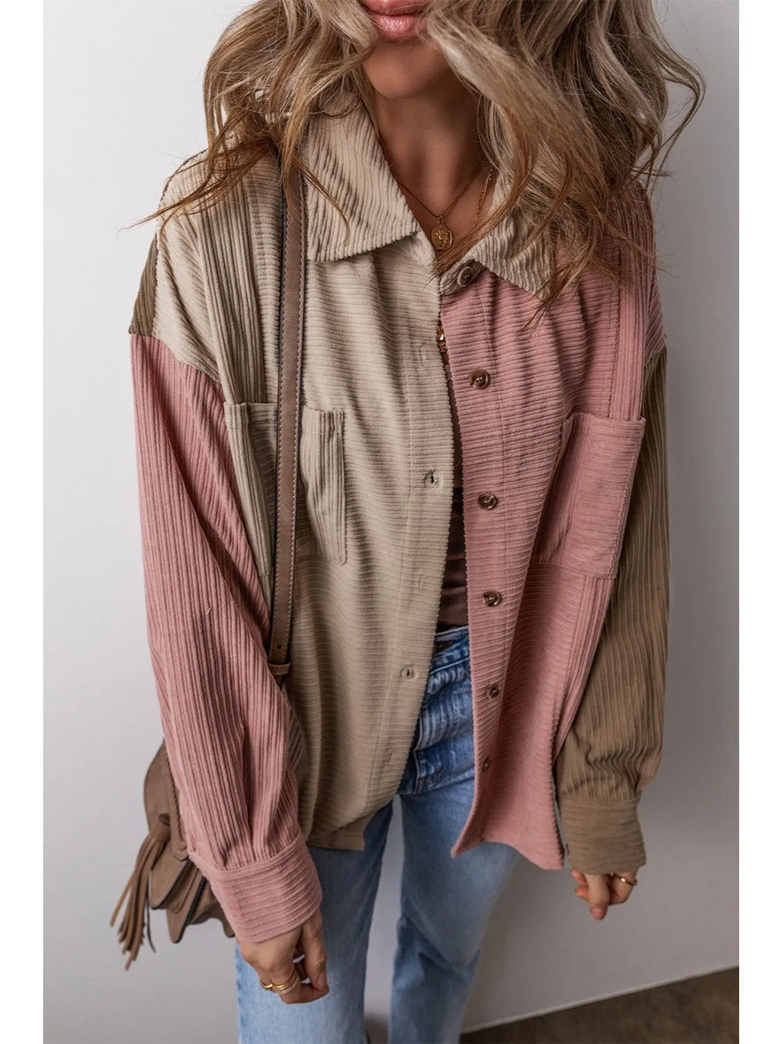 NicholesGifts Women Button Up Color Block  Long Sleeve Shacket