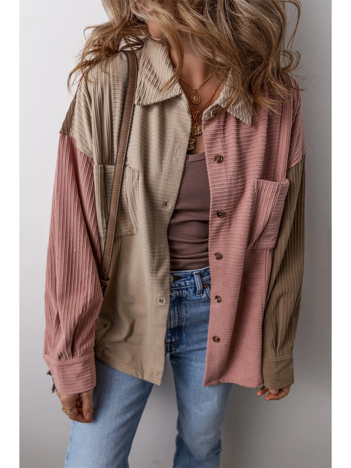 NicholesGifts Women Button Up Color Block  Long Sleeve Shacket