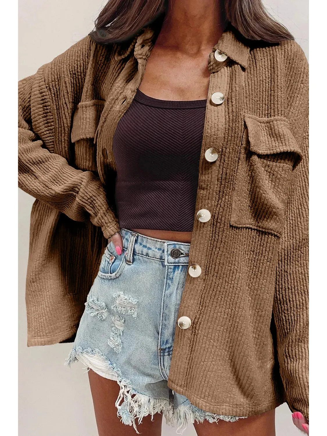 NicholesGifts Women Button Up Long Sleeve Shacket