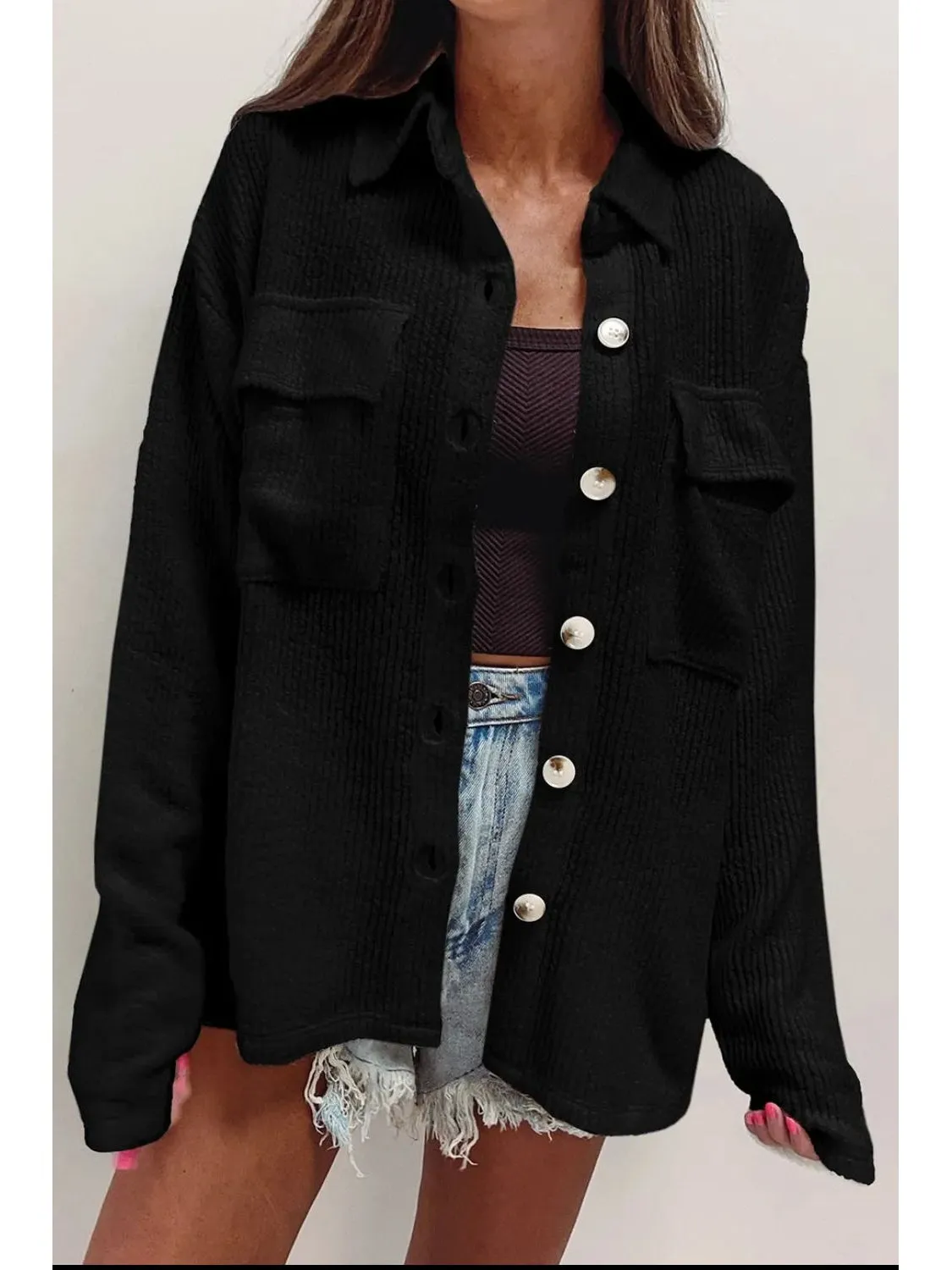 NicholesGifts Women Button Up Long Sleeve Shacket