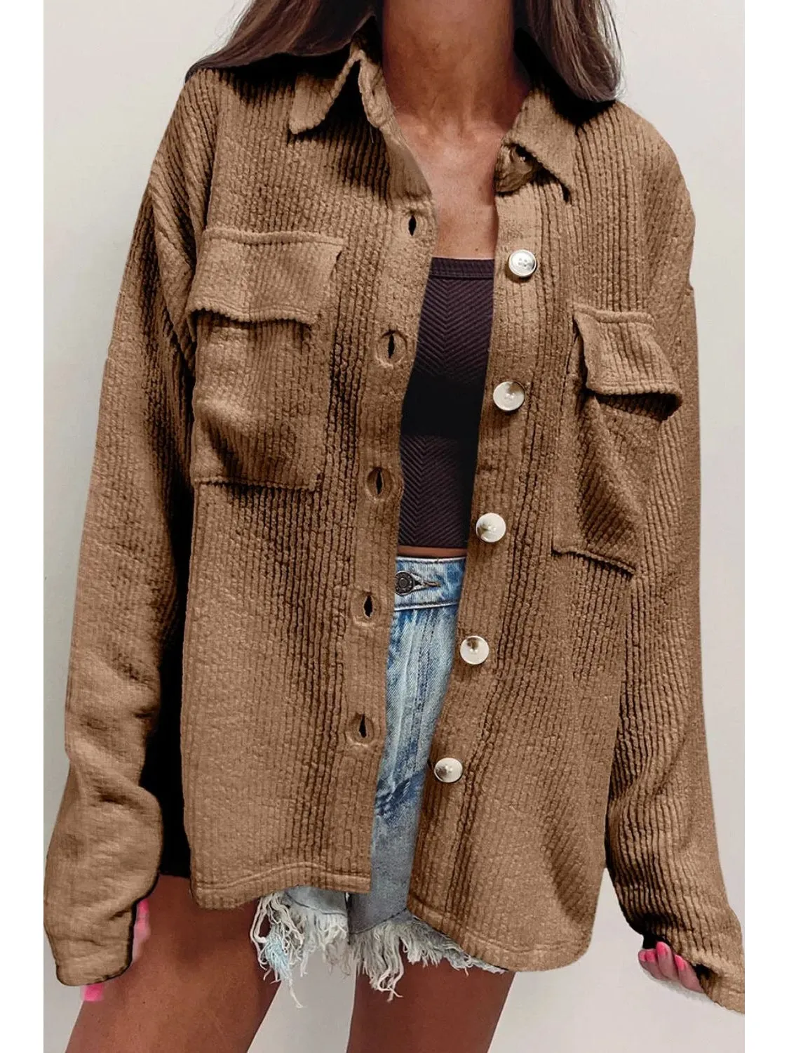 NicholesGifts Women Button Up Long Sleeve Shacket
